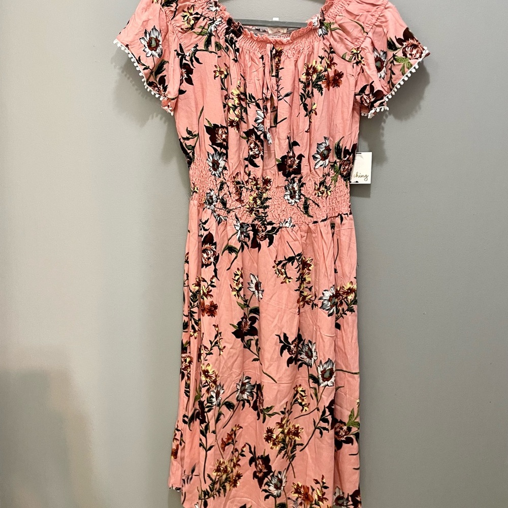 DASHING Women’s Ruffle Off The Shoulder Pom Pom Smocked Floral Mini Dress NWT
